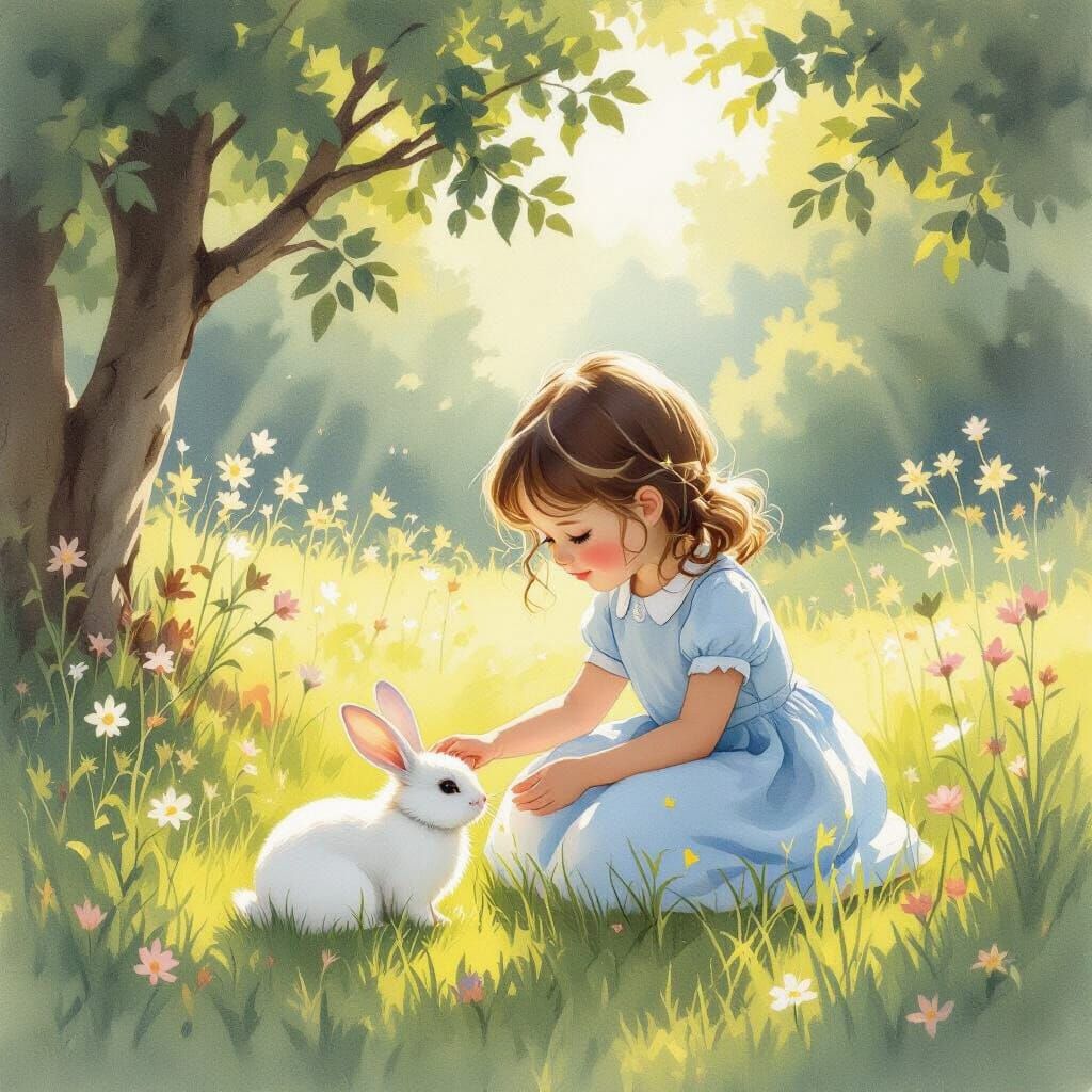 Girl Petting Rabbit in Sunlit Meadow Storybook Style