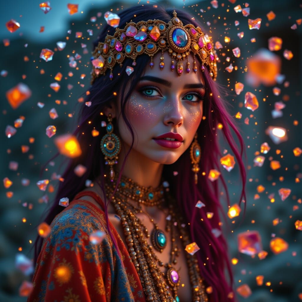 <lora:Shatterly:1.0> A portrait of a beautiful woman, bohemian nomad. Wearing intricate jewelry. Neon noir, rainbow colored. Glazing kindly ...