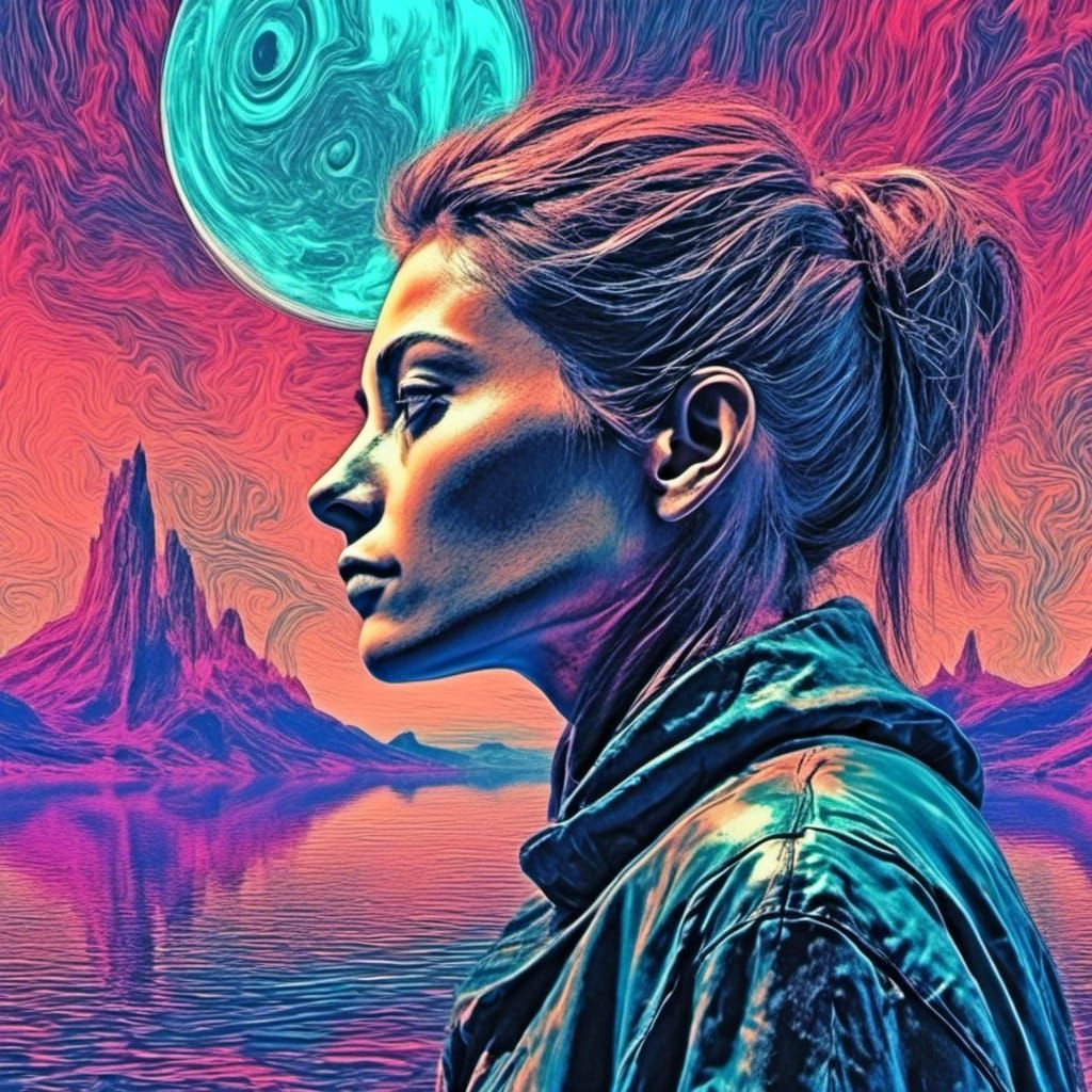 <lora:Vaporware Sci-Fi VHS:1.0> Glitched 1990's Sci-Fi VHS scene, Vaporware graphics:
Double exposure. Side profile portrait of a beautiful...