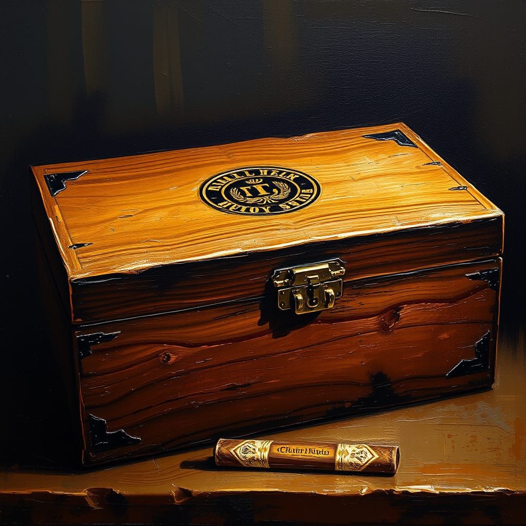 A painterly, impasto, hand painted Dutch Masters cigar box inlayed with turquoise. 