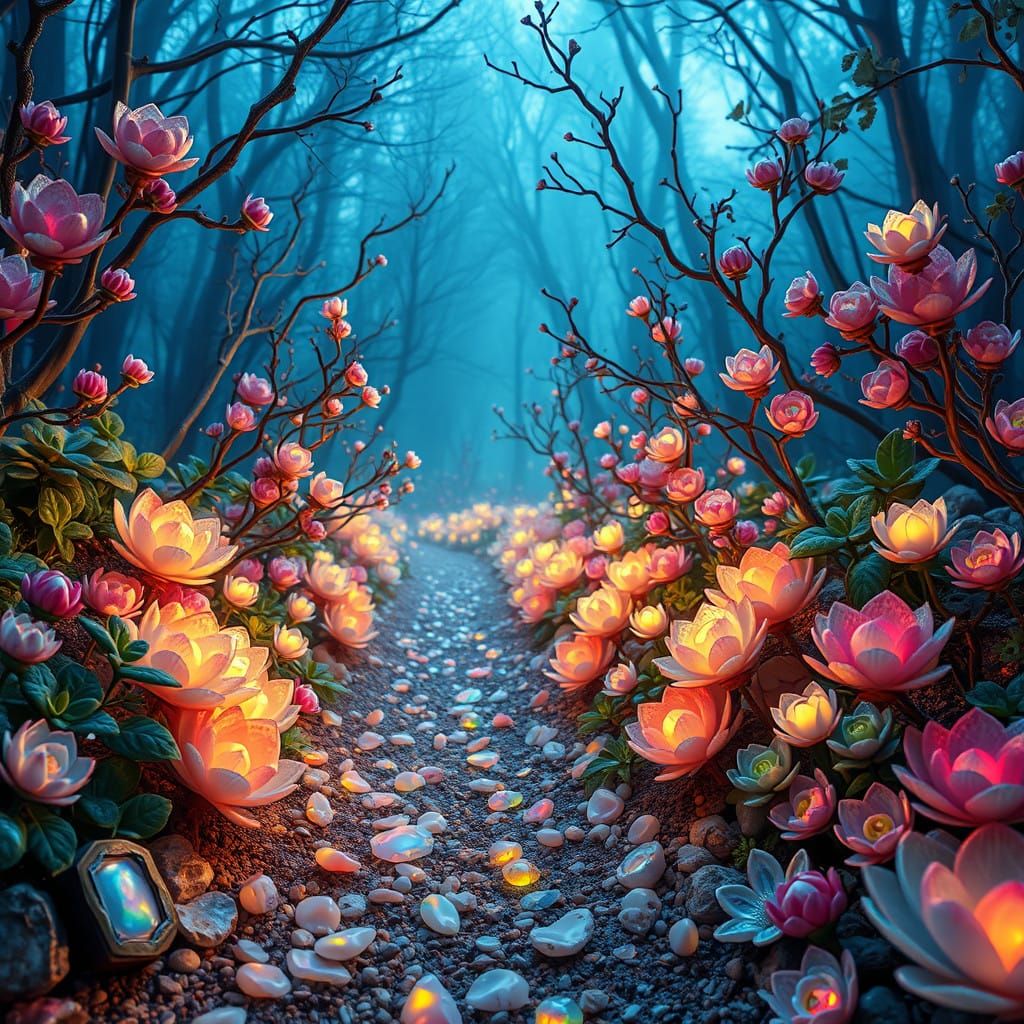 Ethereal Forest Path in Pearlescent Splendor