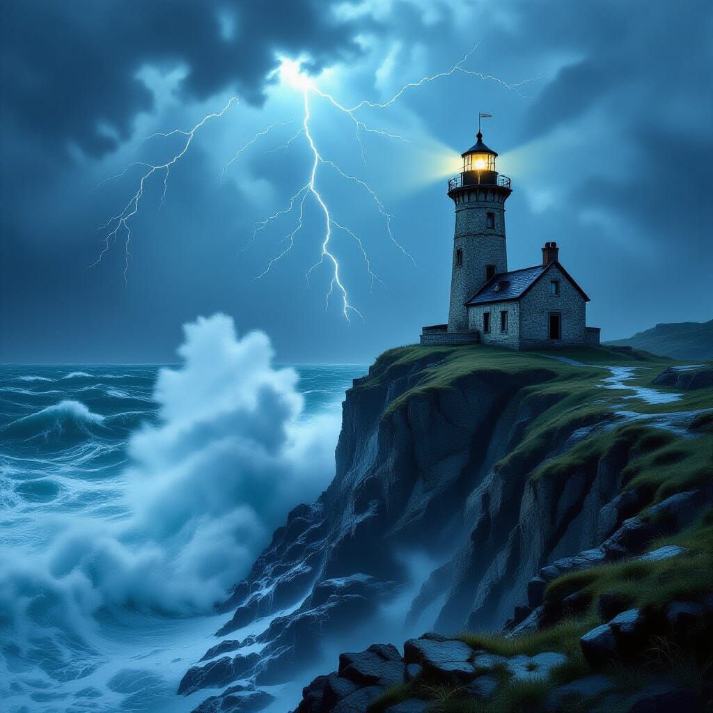 Dramatic Lighthouse in Storm, Romantic Landscape Style