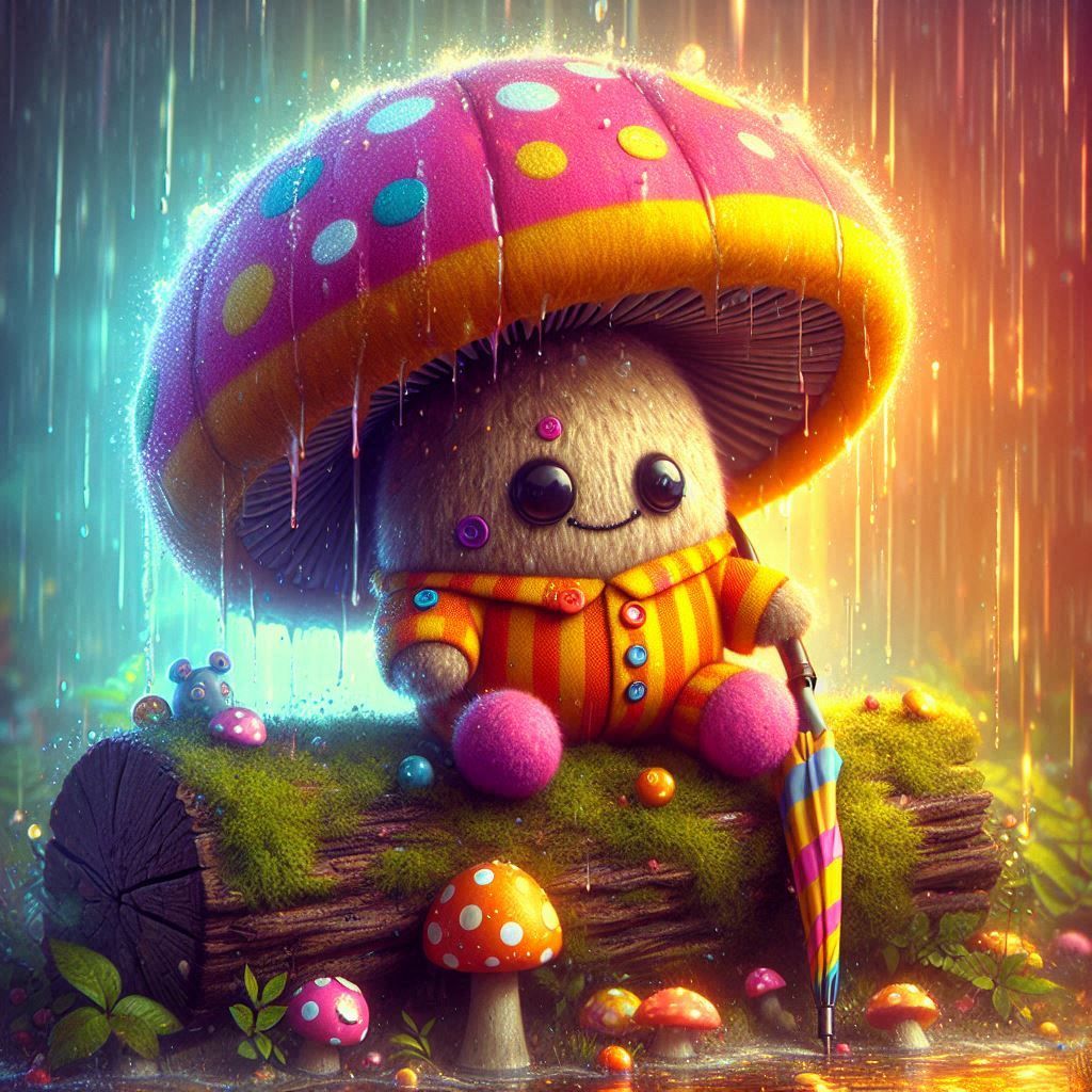 Fluffy mushroom spirit plush toy with bright orange and yellow striped shirt, mismatched buttons for eyes and a cheerful grin, leaning on a ...