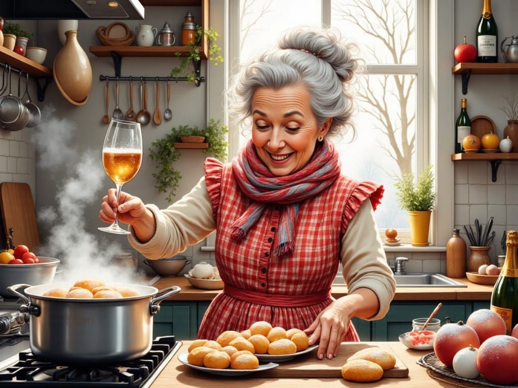 Elderly Woman Joyfully Frying Oliebollen With Champagne