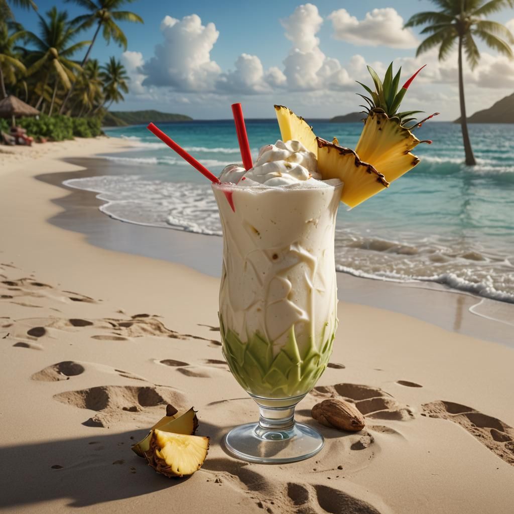 Make a picture of a delicious pina colada cocktail, beach in...