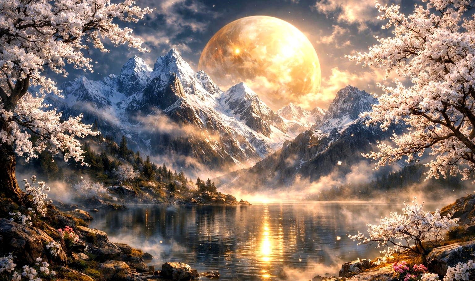 white almond trees in bloom