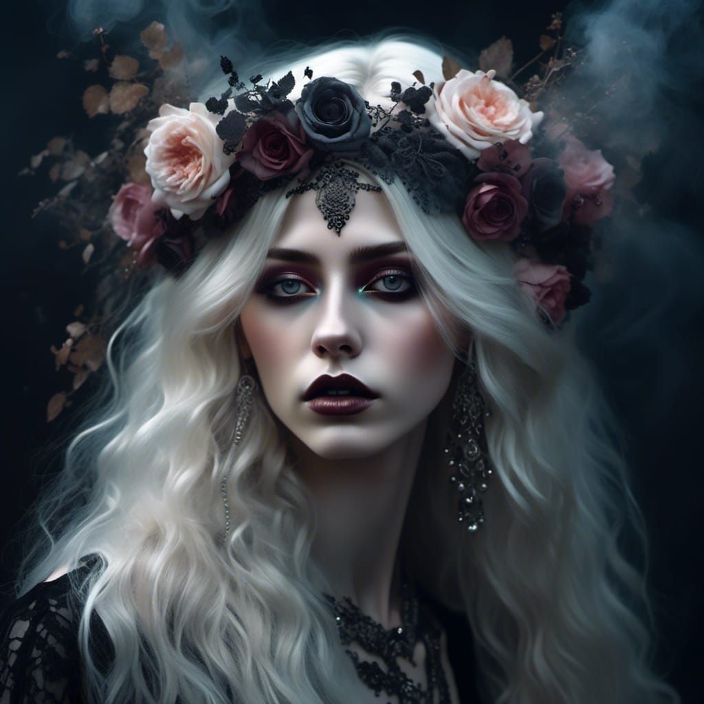 <lora:People and nature:1.0> Young white blonde goth feminine woman, oval soft woman's face, plump lips, woman with long hair, floral, flowe...