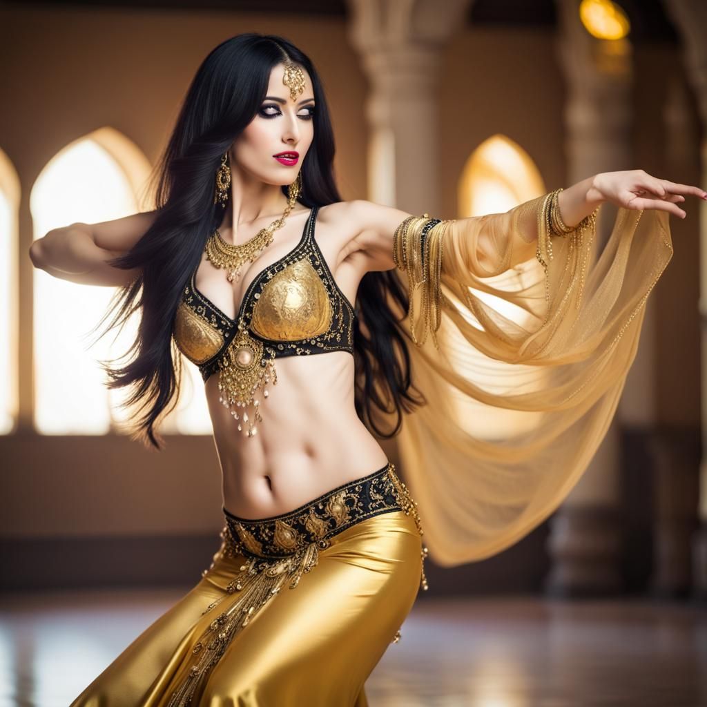 Belly dance, woman, long black hair, golden outfit