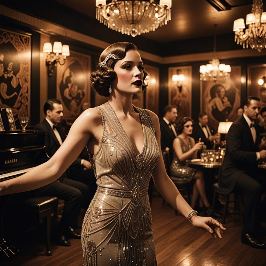1920s speakeasy, beautiful woman singing on stage, in an elegant beaded 1920s fashion gown. Art deco ...  by @Solfreedom
