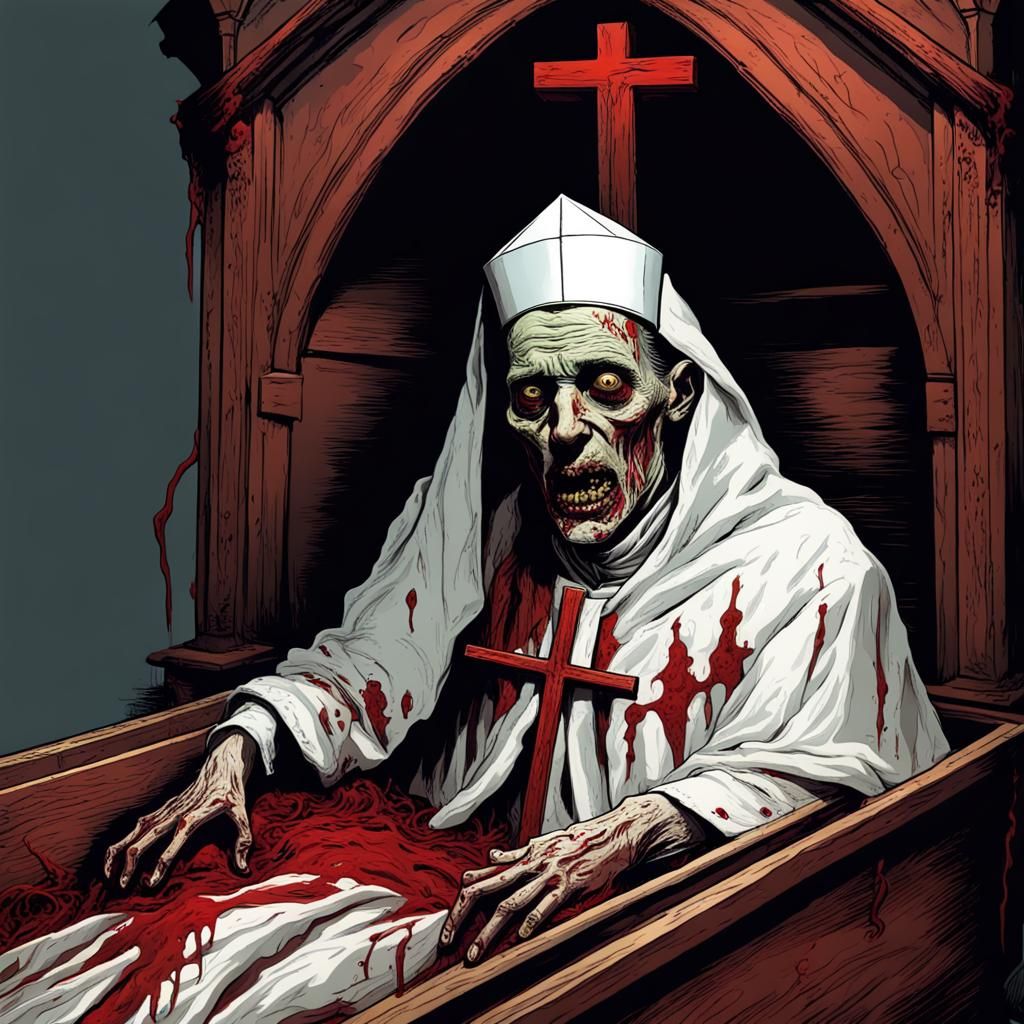 scary bloody rotting christian zombie pope in white clothes ...