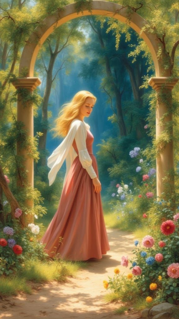 <lora:Hudson River v2:1.0> A dramatic painting of a golden-haired princess stepping through an arch from a vibrant, well-tended garden full ...