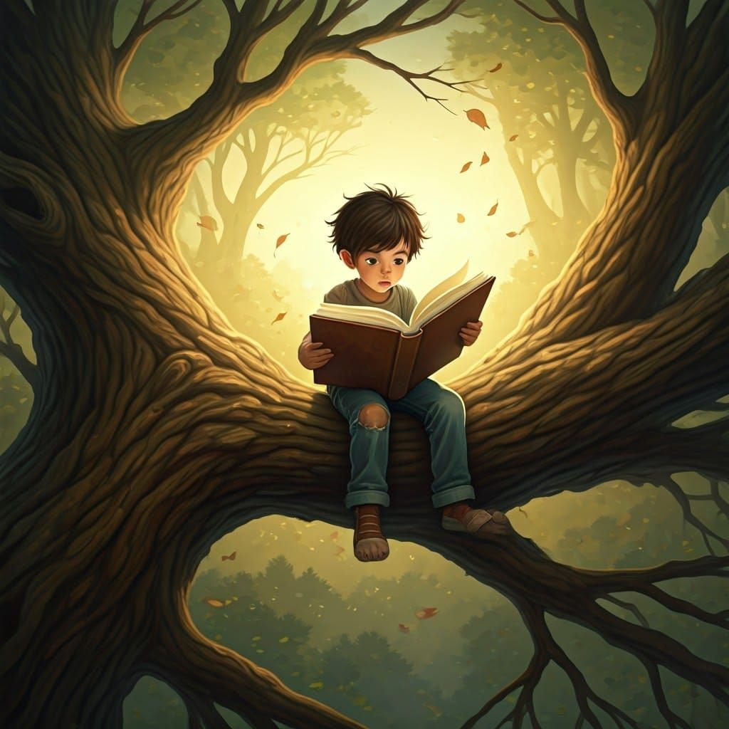 Young Boy Reads Precariously on a Tree Branch