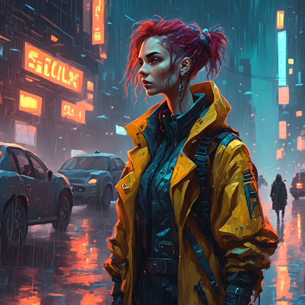 Medium shot of a female sci-fi protagonist in a cyberpunk city on a rainy evening. <lora:Even more stuff:1.0>