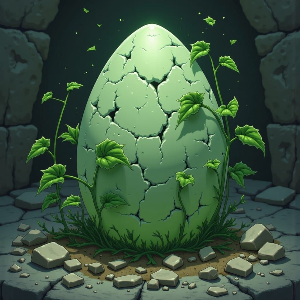 <lora:Painterly Ghibli:1.0> An alien egg pulsating faintly with sickly green light, nestled among shattered shards of an ancient dwarven hel...