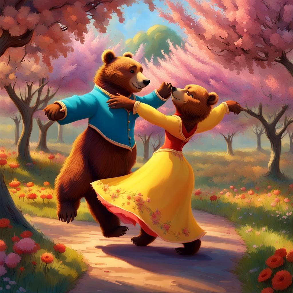 In the spirit of a lively Renaissance dance, imagine two bears joyously swirling amidst an orchard, dressed in vibrant, flowing garments. Th...