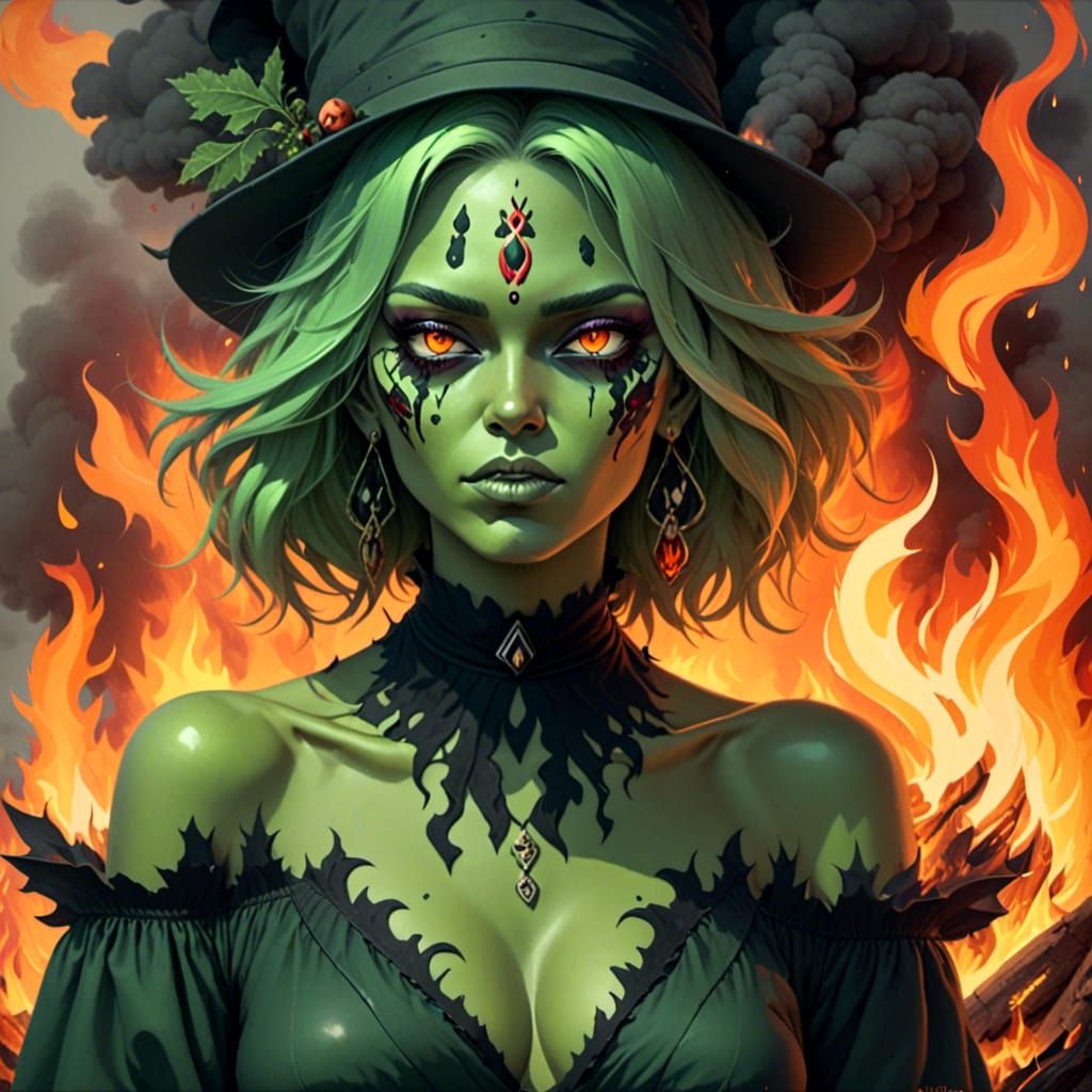 <lora:Calamity Beauties XL:1.0>, surrealist art Cursed Ancient warty Witch boiling a potion. dreamlike, mysterious, provocative, symbolic, i...