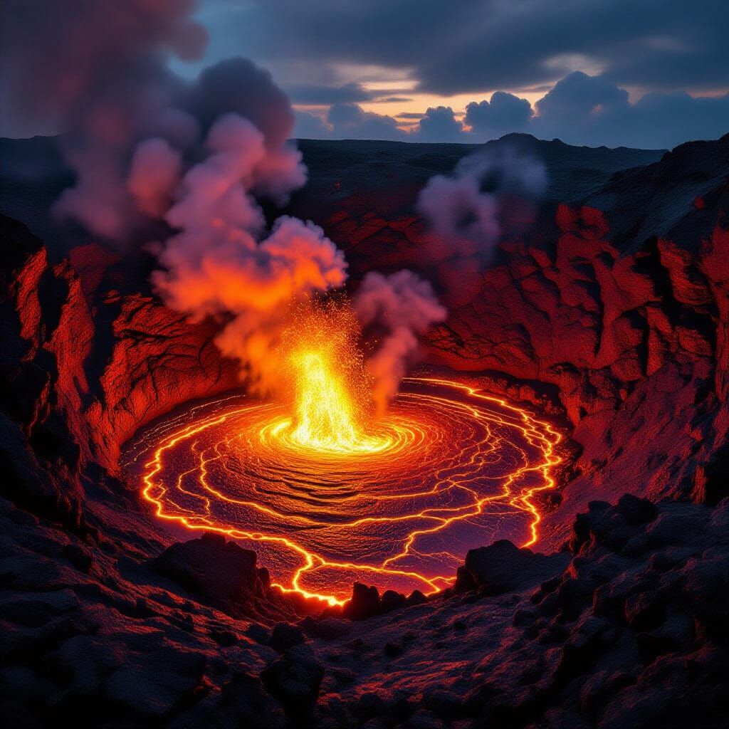 Volcanic Crater Interior with Churning Molten Lava