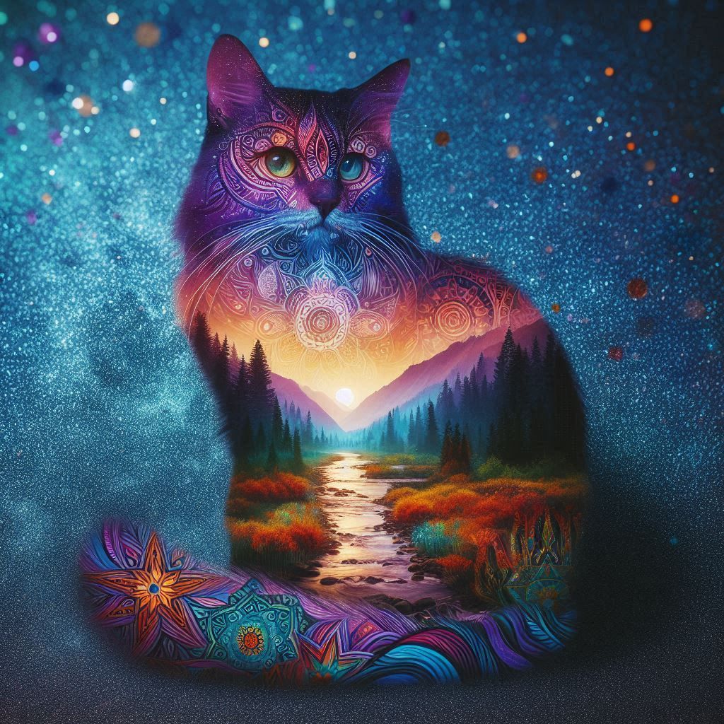 double exposure cat, landscape, tribal.