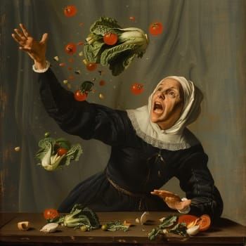 A Classical Painting Of A Nun Throwing Lettuce And Tomato In...