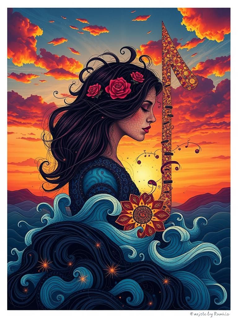 a woman and a big music note on a sunset