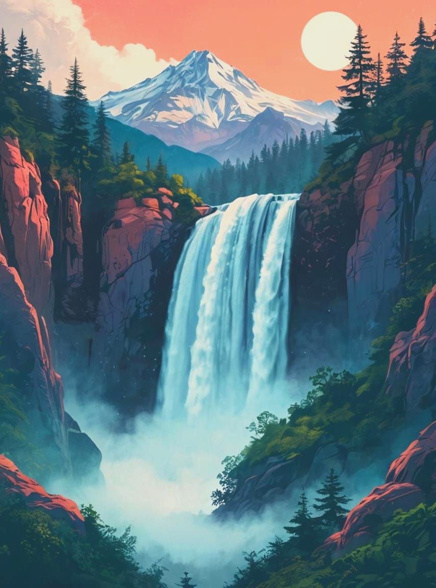 A vibrant, dreamy majestic, cascading waterfall, surrounded by lush greenery and misty atmosphere, with a distant mo...