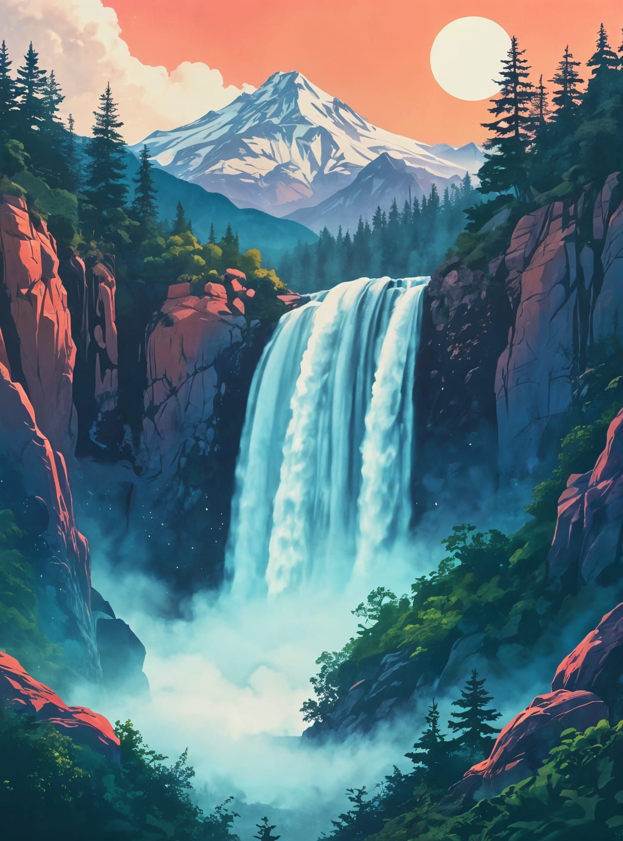 A vibrant, dreamy majestic, cascading waterfall, surrounded by lush greenery ...  by @g r r c