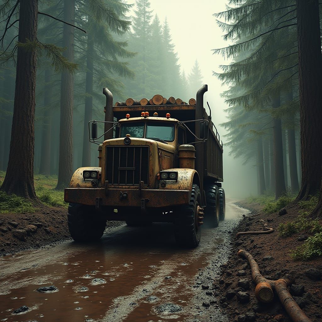 A 1980s style logging operation in a dense old growth cedar forest with a loaded log truck driving through the mud