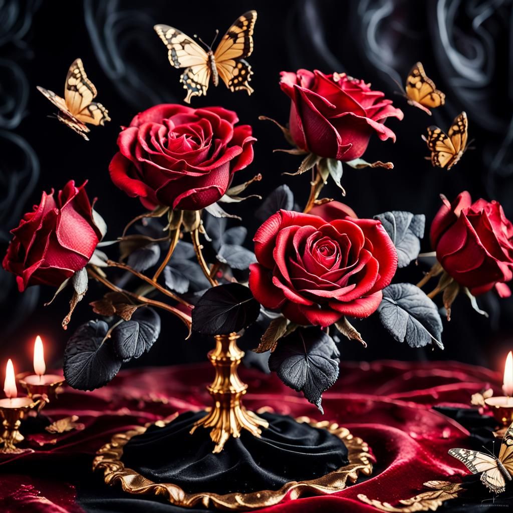 Luxurious Baroque Still Life with Sugar Rose and Butterflies