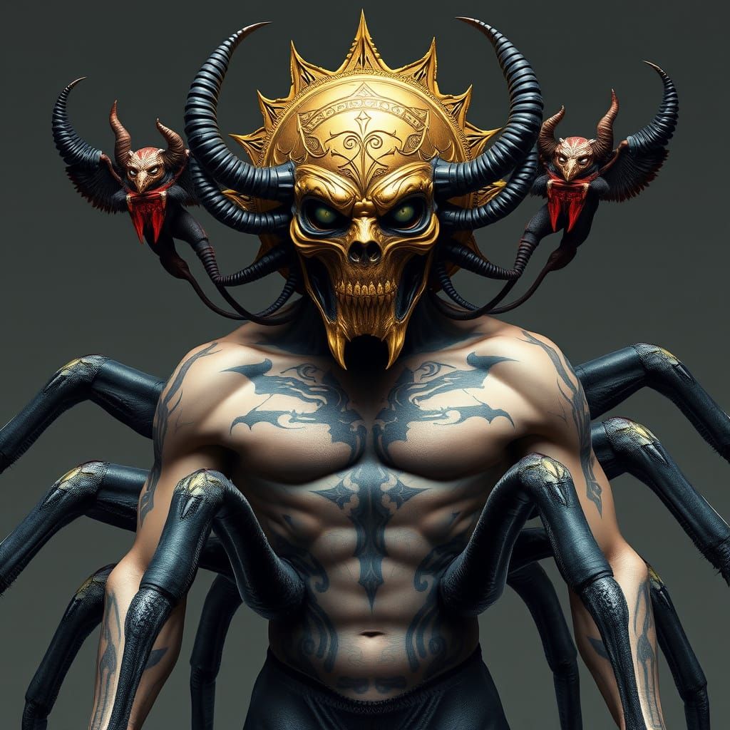 Celestial Spider God with Alien Tattoos and Demonic Mask
