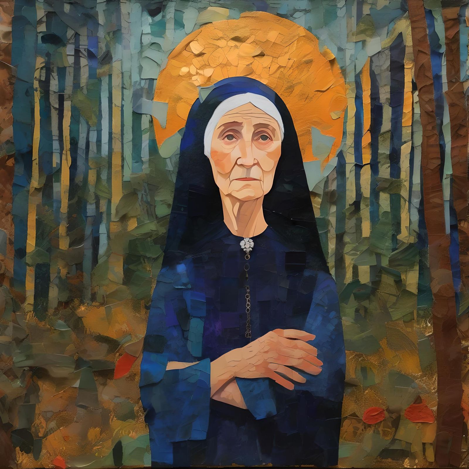 Older Woman in Sunrise Forest: Impasto Collage