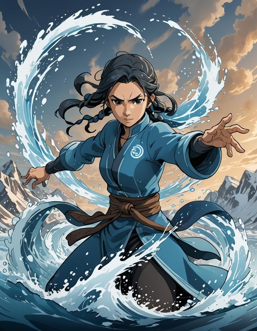 a young water bender practicing her technique in the Arctic,...