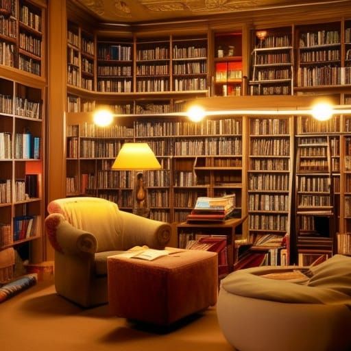 Golden Toned Warmly Lit Home Library with Big Comfort Chair