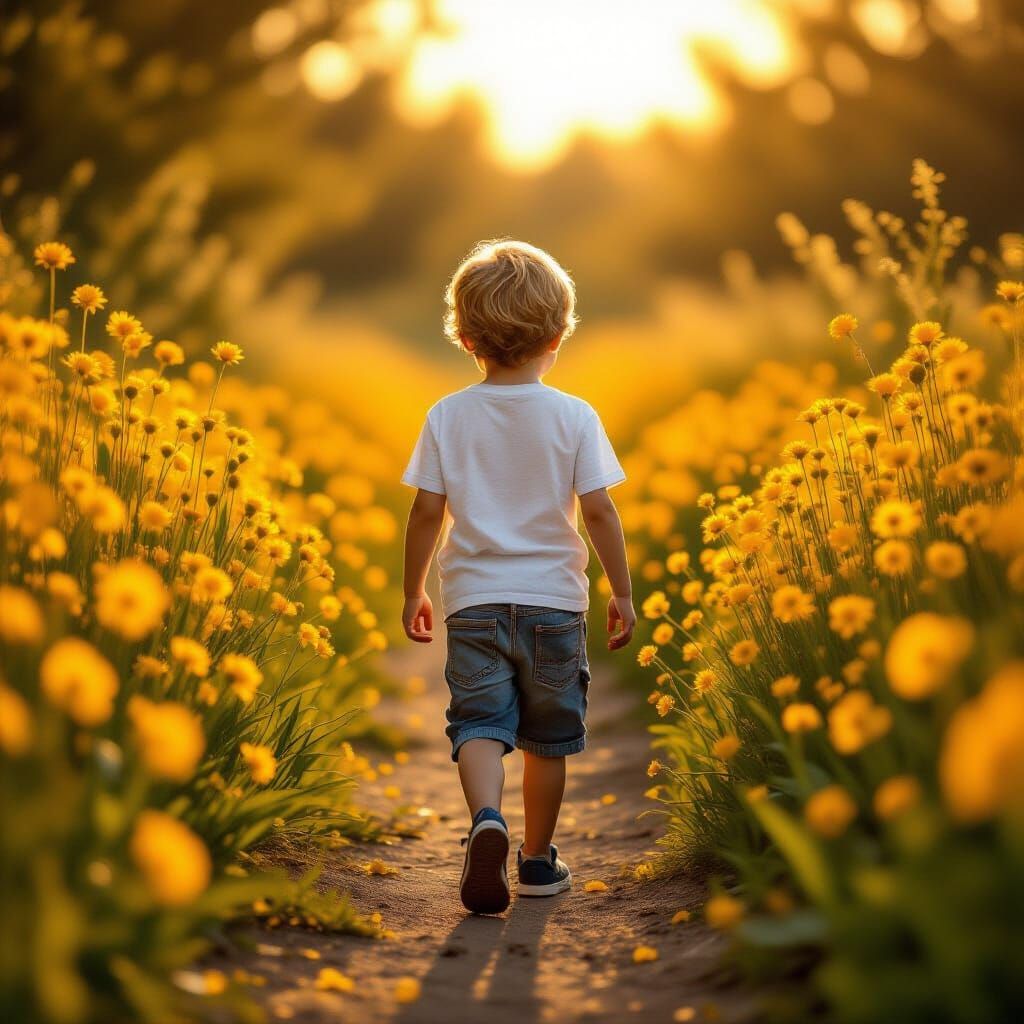 Photorealistic Boy Walks Through Golden Hour Flower Path