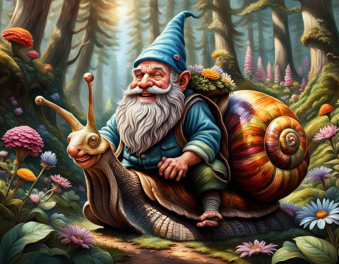 Happy Gnomes Riding his Snail