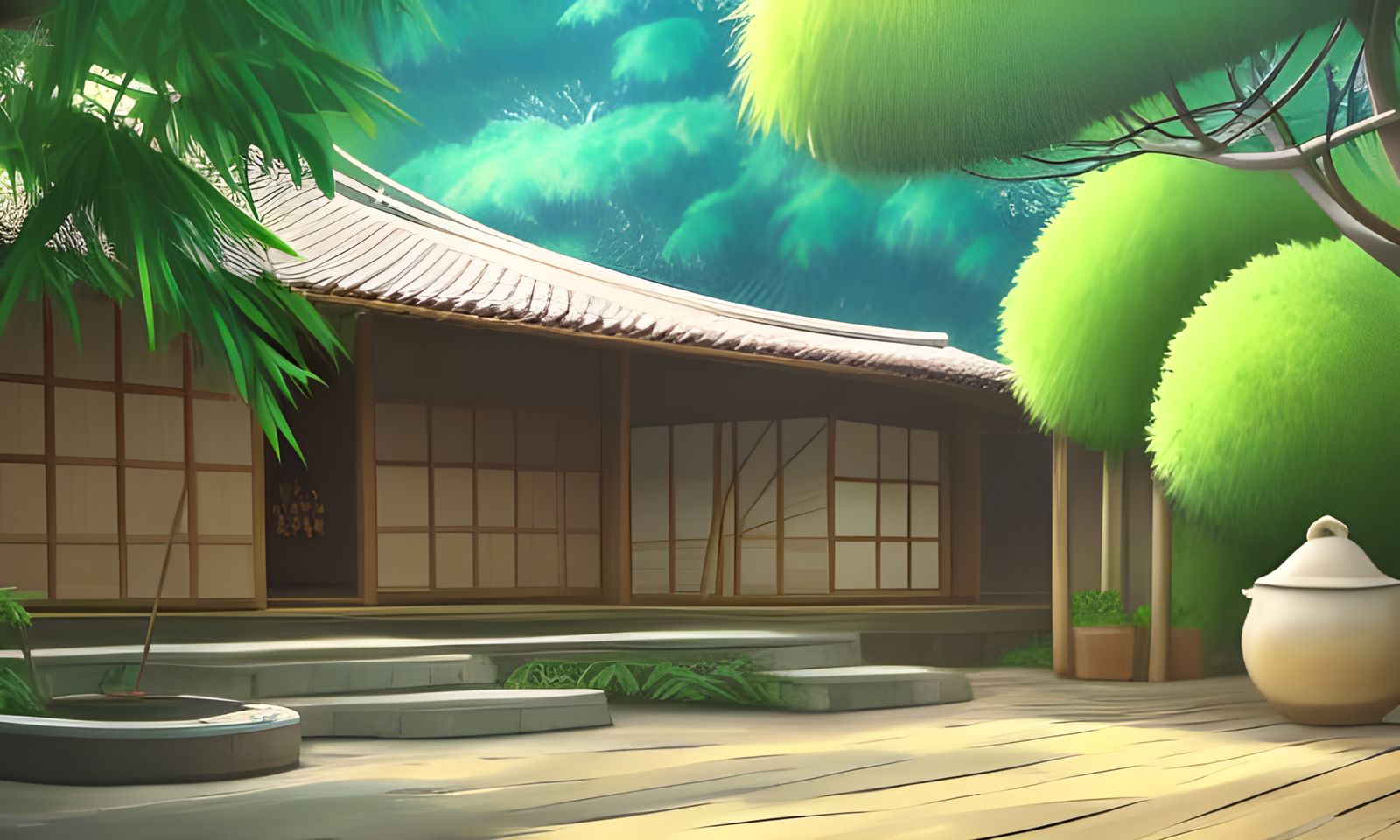 Japanese Shoji Dojo Courtyard With Traditional Bamboo Garden - Ai 