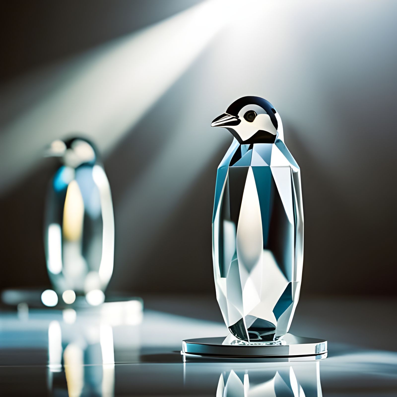 Backlit Swarovski crystal penguins on a glass counter sparkl...