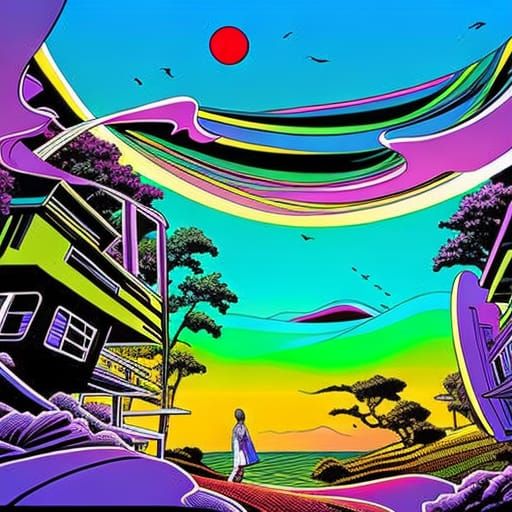 A surreal living room scene inspired by Shintaro Kago's psyc...