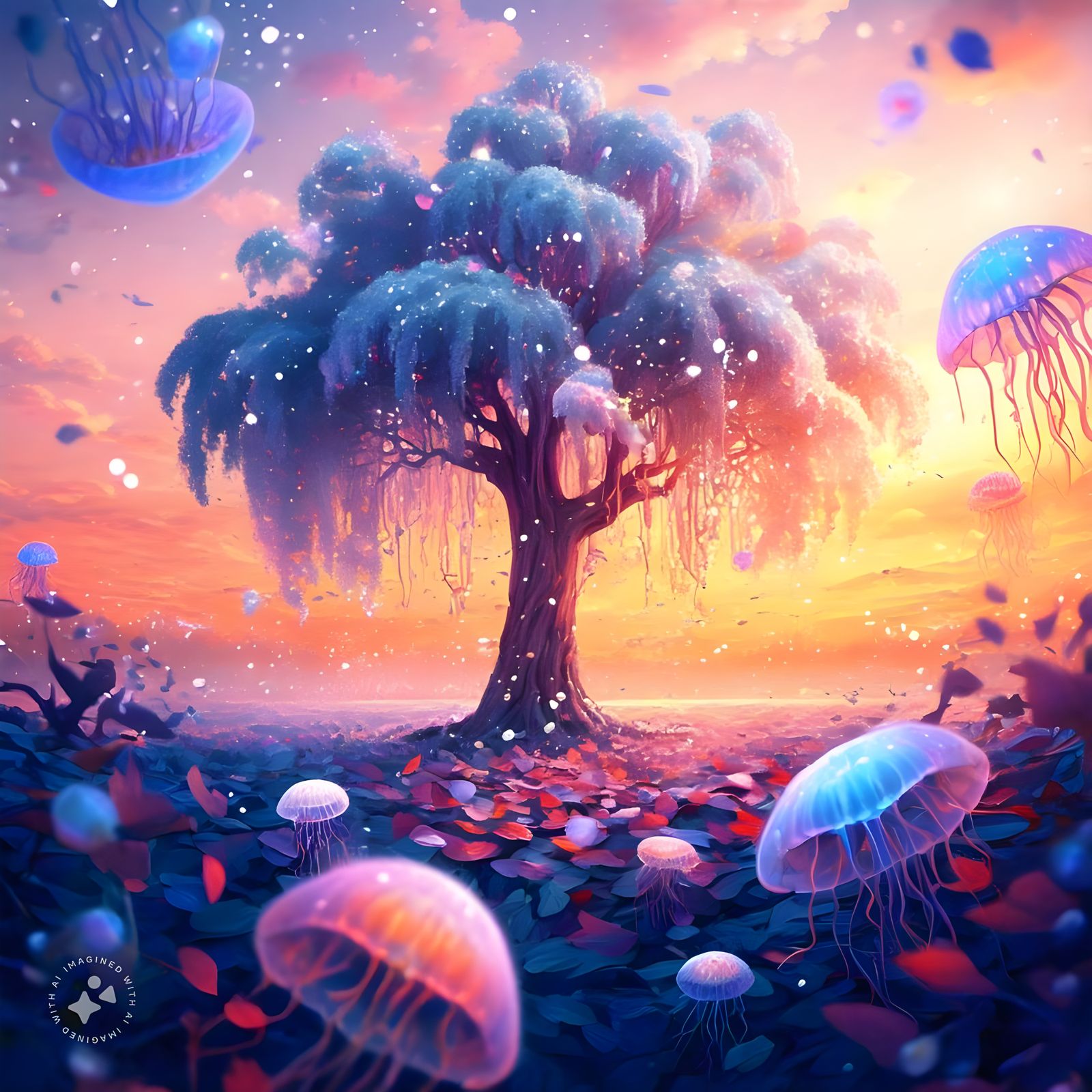 Tree in a sunset surrounded by jellyfish