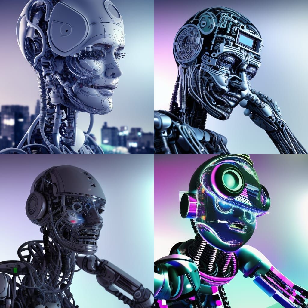 Robot figure with computer screen head, human face in screen, wires ...