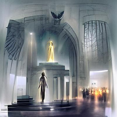 Angelic figure stands at the entrance of a huge mausoleum at...