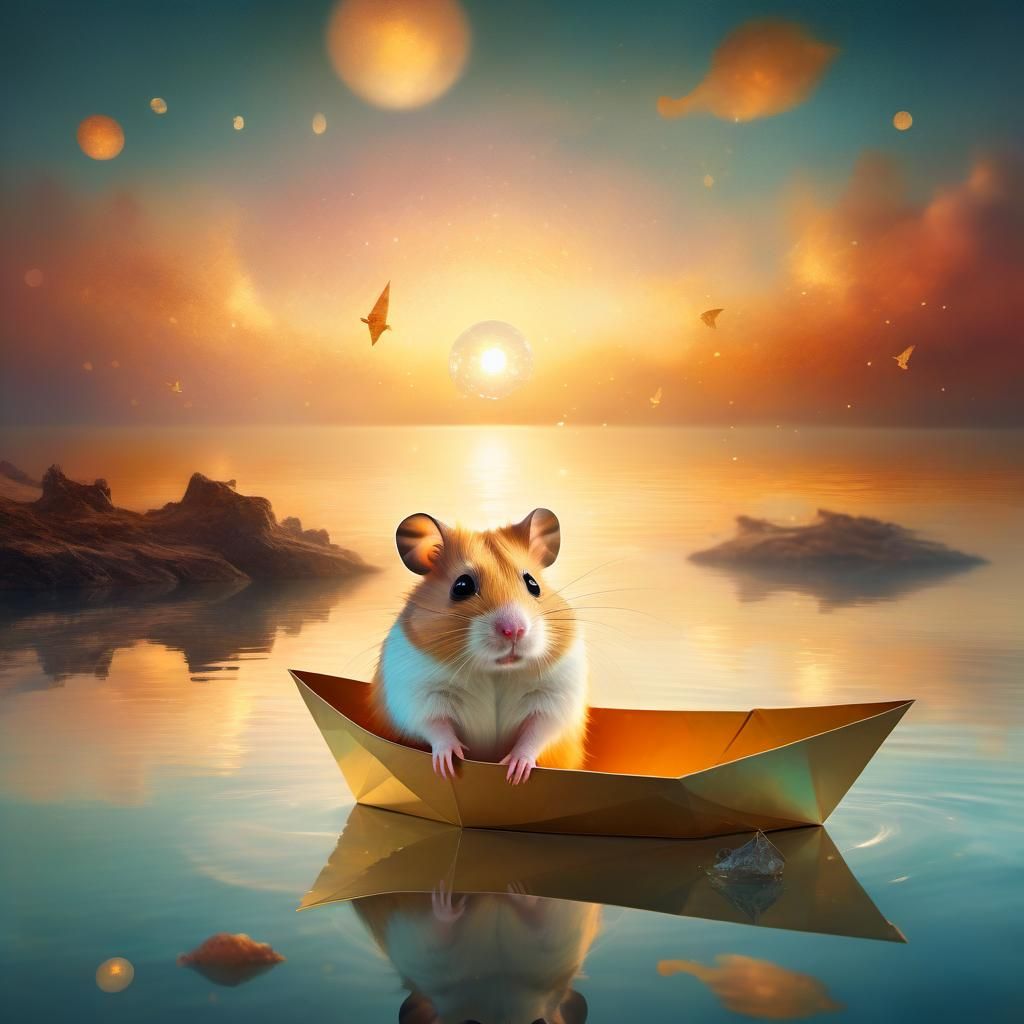 hamster peeking from a paper boat