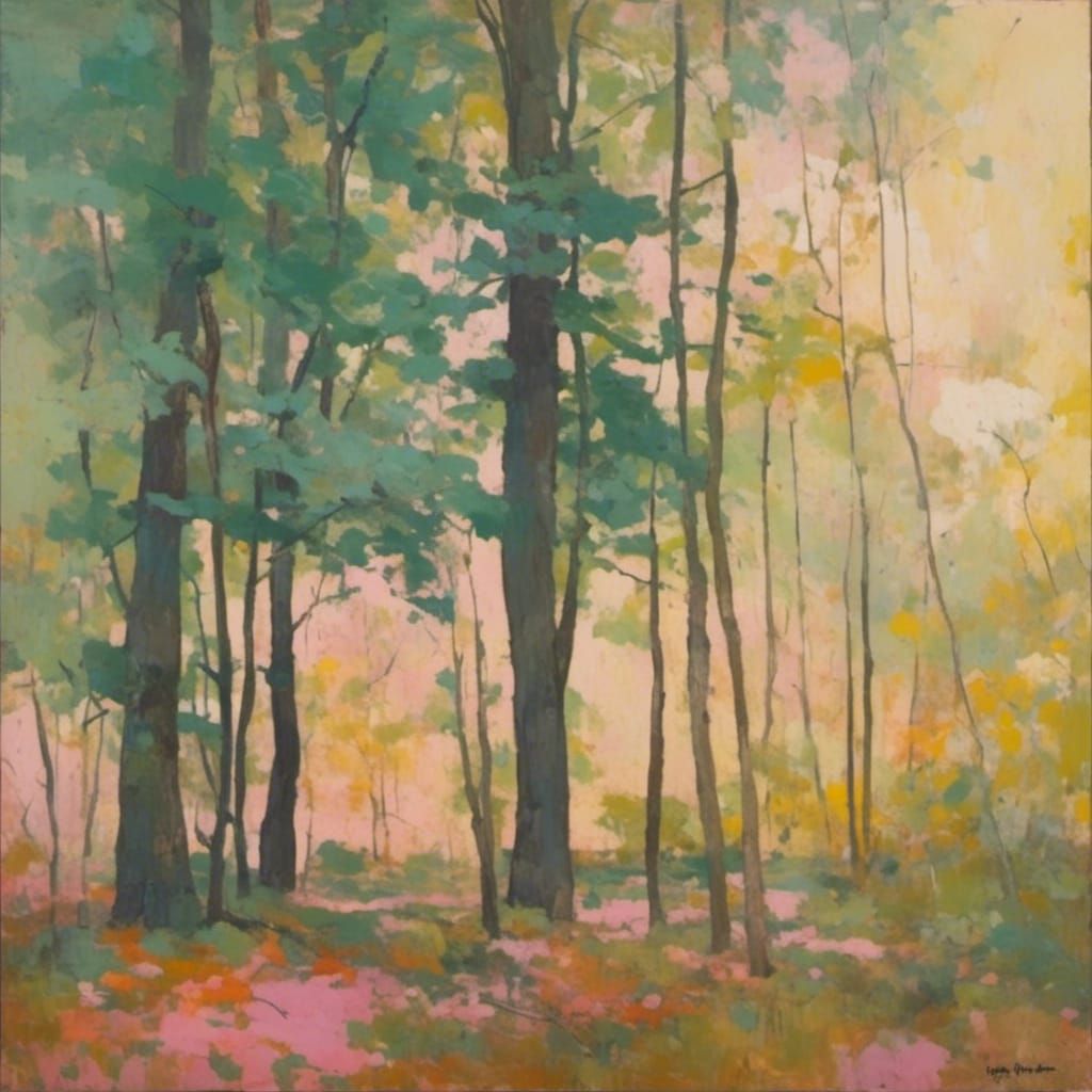 The edge of the woods with golden sky and pink foreground