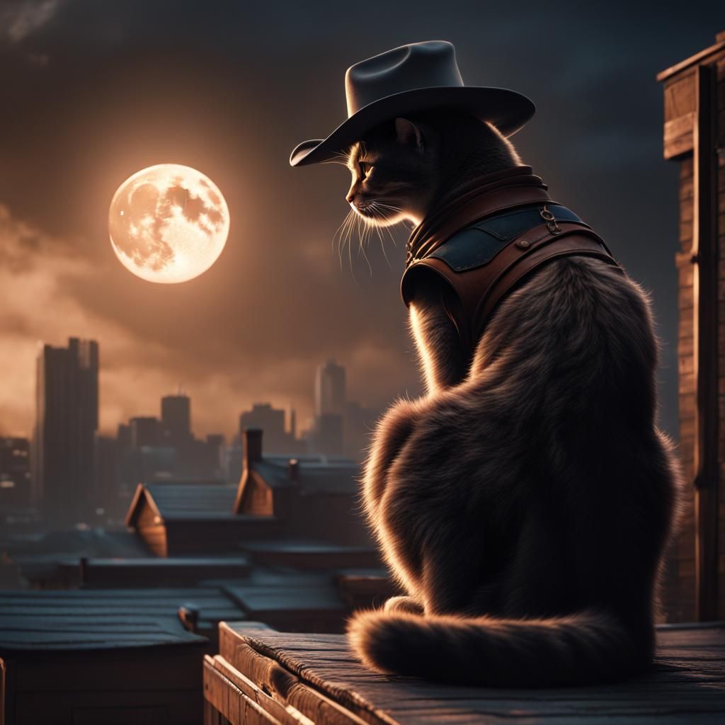 A cowboy cat. Rooftop. Moon   by @Corndogging