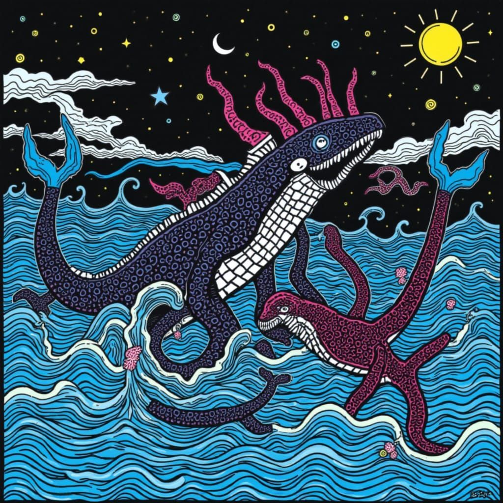 <lora:SQUIGGLE SEA:1.0> Orca on a tidal wave in outer space