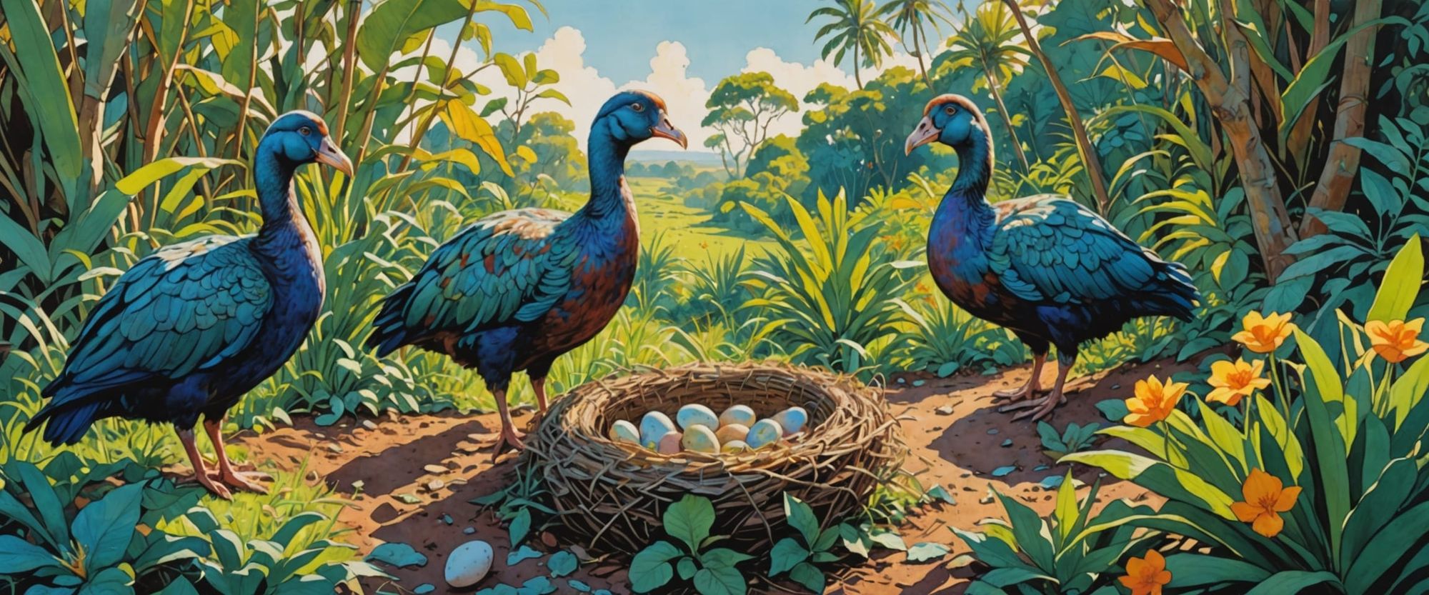 dodo birds looking up, tropical plants, flowers, green eggs in nests on the ground, colored ink drawing, highly detailed, gouache, watercolo...