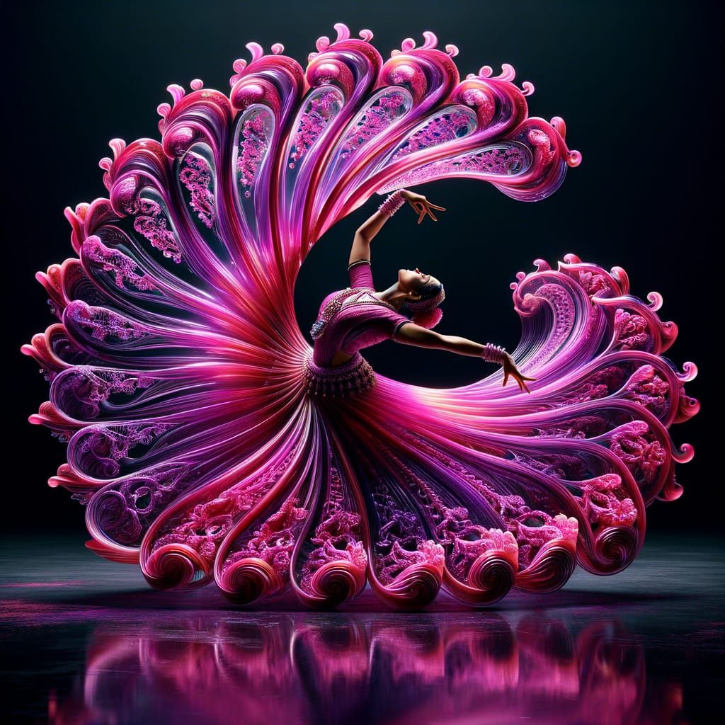 a hyperrealistic image of a bhartha natyam dancer in a bright, vibrant pink-purple dress that spins from ...  by @Dantonio