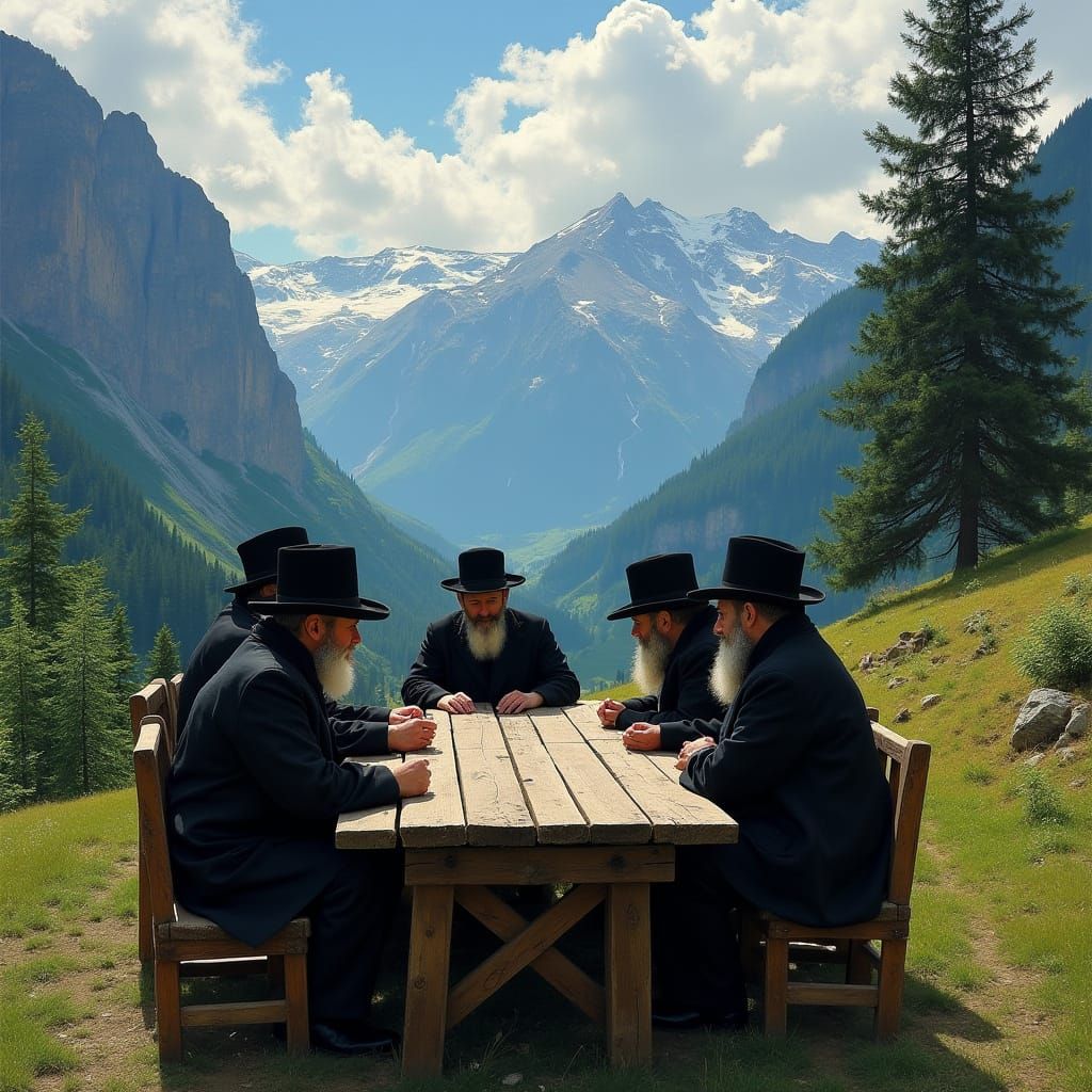 Hasidic Jews Gather Around a Rustic Table in the Alpine Moun...