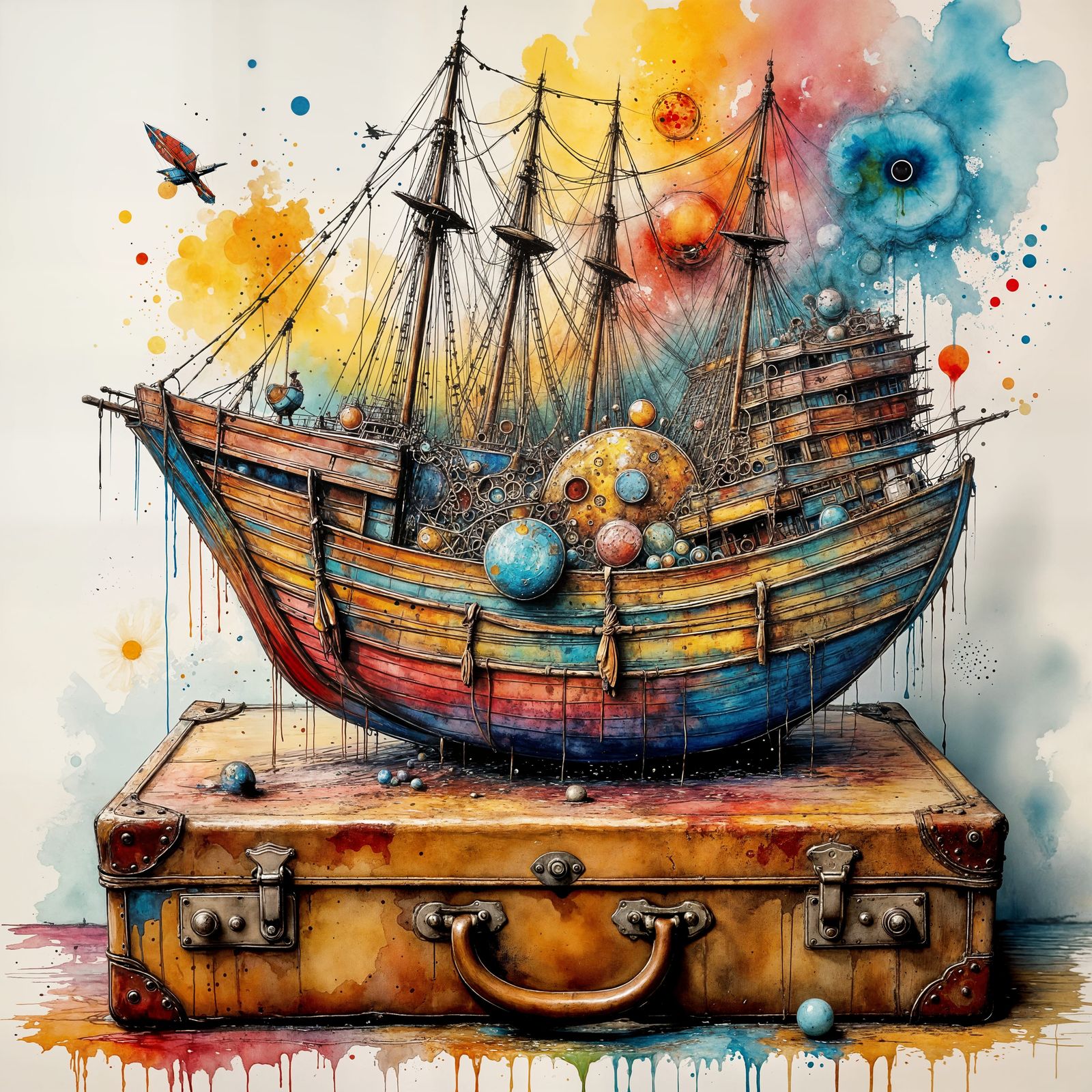 Ink Poet Painting of a Ship Sailing on Suitcase