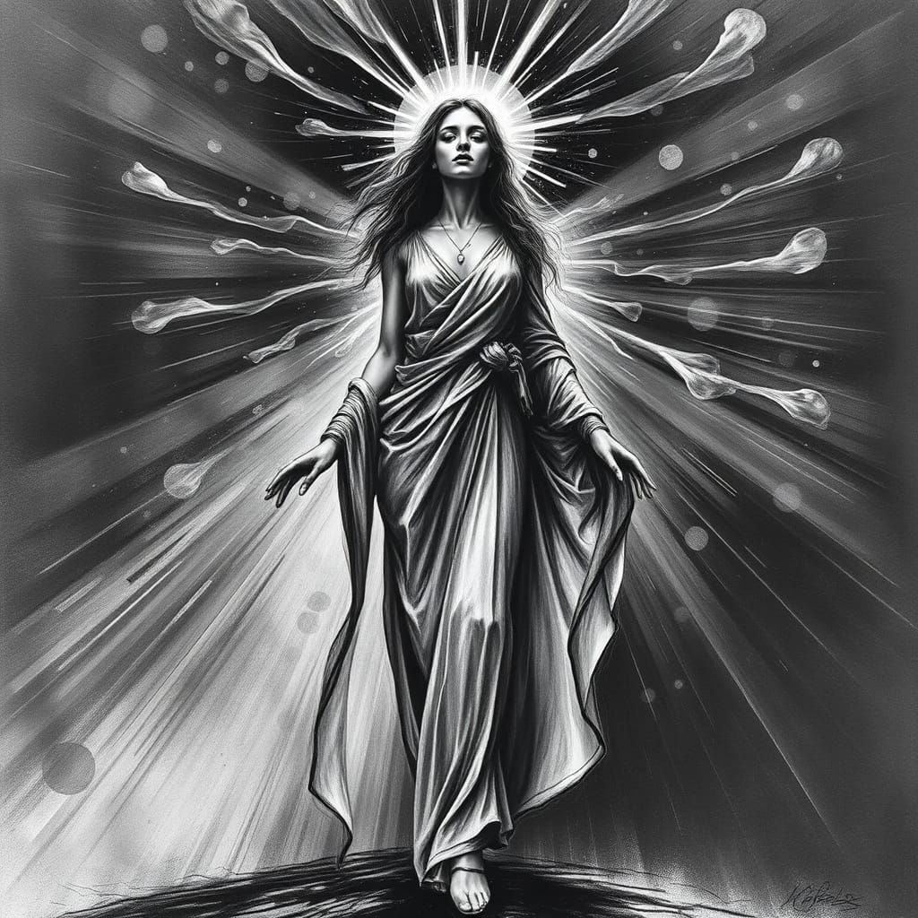 Surreal Woman in Radiant Aura, Hyper-Detailed Charcoal Drawi...