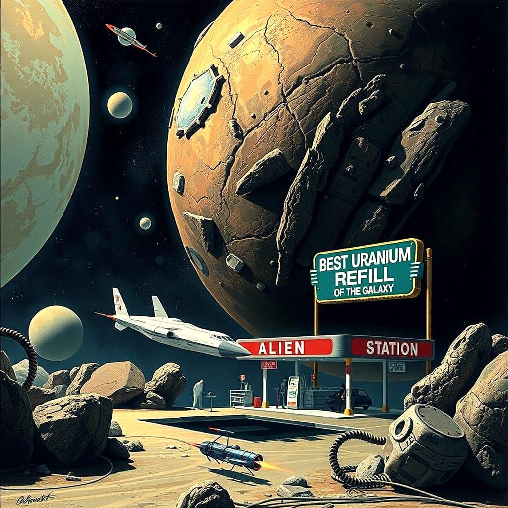 small spaceship arriving to an Alien gas station on an asteroid ; a sign says "Best Uranium Refill of ...  by @Didier B